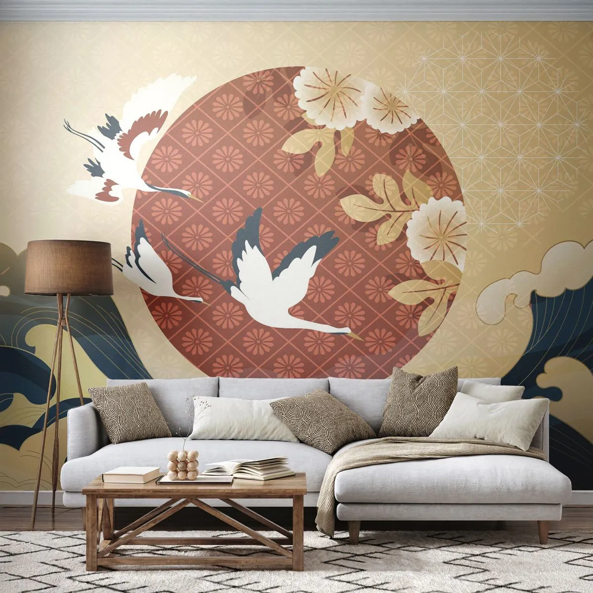 Fototapet Premium Canvas - Japansk saga - Häger, Fågel, Abstraktion - 250x175 cm