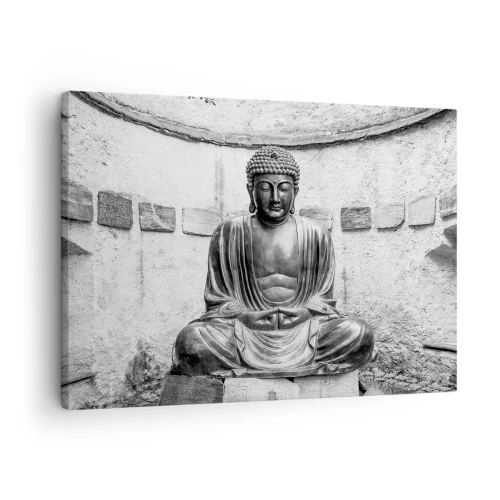 Canvastavla - Bild på duk - Svartvit Buddhastaty i meditativ pose - 70x50cm - Hos lugnets källor - Modern väggdekoration för vardagsrum och sovrum ARTTOR