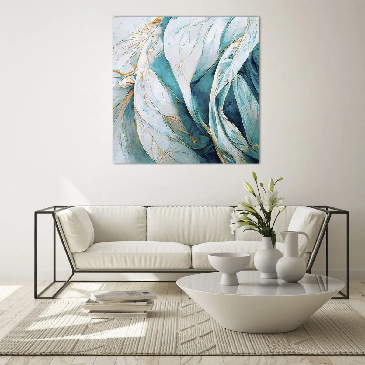 Glastavla - Bild på glas - Blå abstraktion med guldmotiv - 70x70 cm