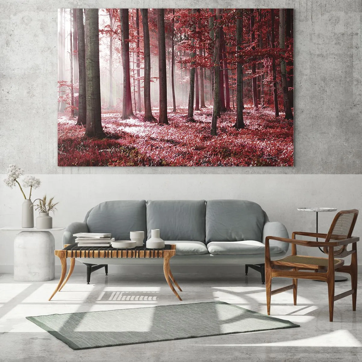 Glastavla - Bild på glas - Höstskog i röda färger och morgondimma - 70x50cm - Röd är lika vacker - Modern väggdekoration för vardagsrum och sovrum ARTTOR