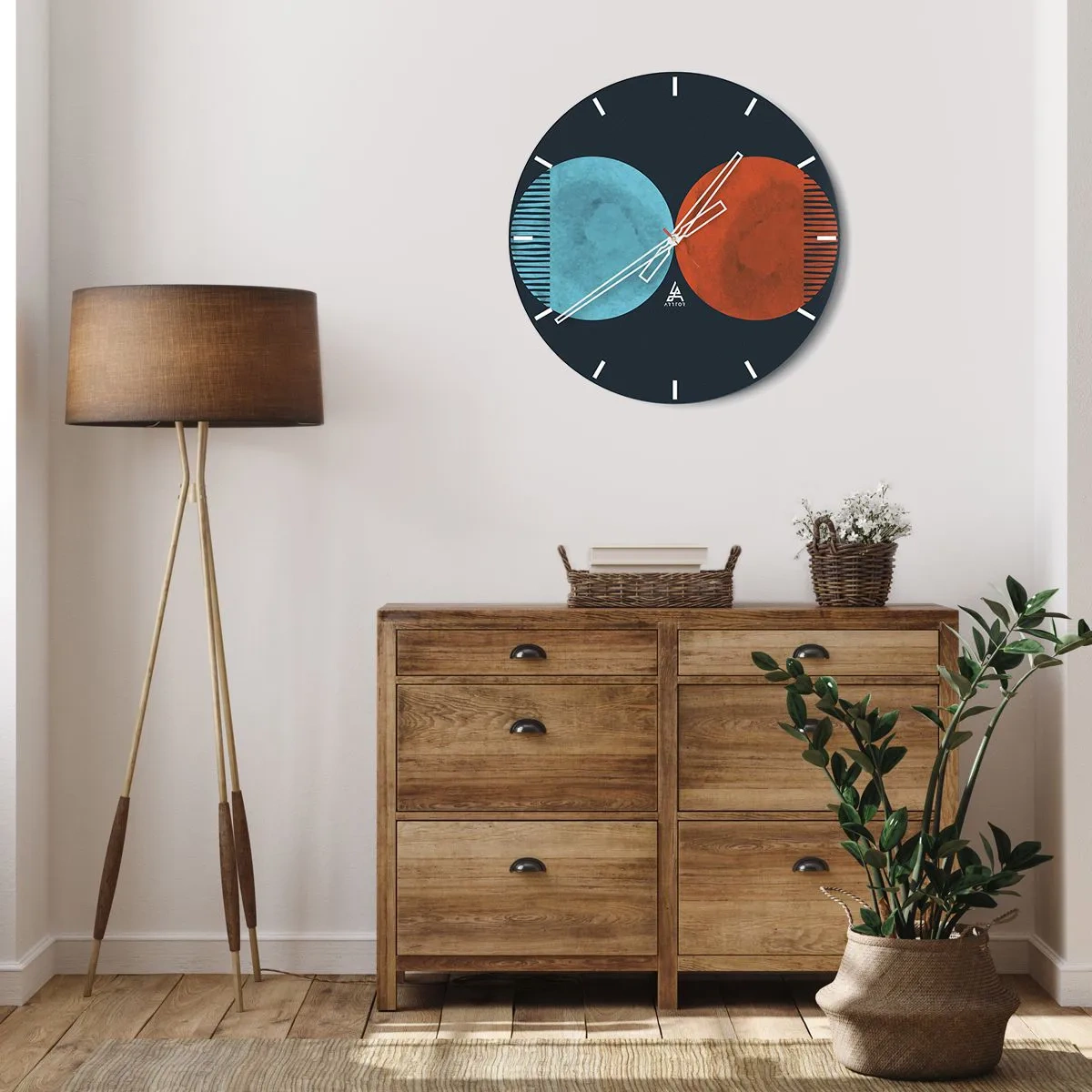 Väggklocka - Klocka på glas - En kombination av blå och röda cirklar med geometriska linjer - 30x30cm - Endast geometri? - Modern väggdekoration för vardagsrum, kök och sovrum ARTTOR