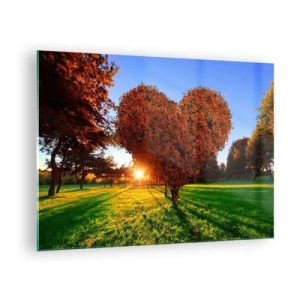 Glastavla - Bild på glas - Ett hjärtformat träd mot bakgrund av den nedgående solen - 70x50cm - Varför vi älskar hösten - Modern väggdekoration för vardagsrum och sovrum ARTTOR