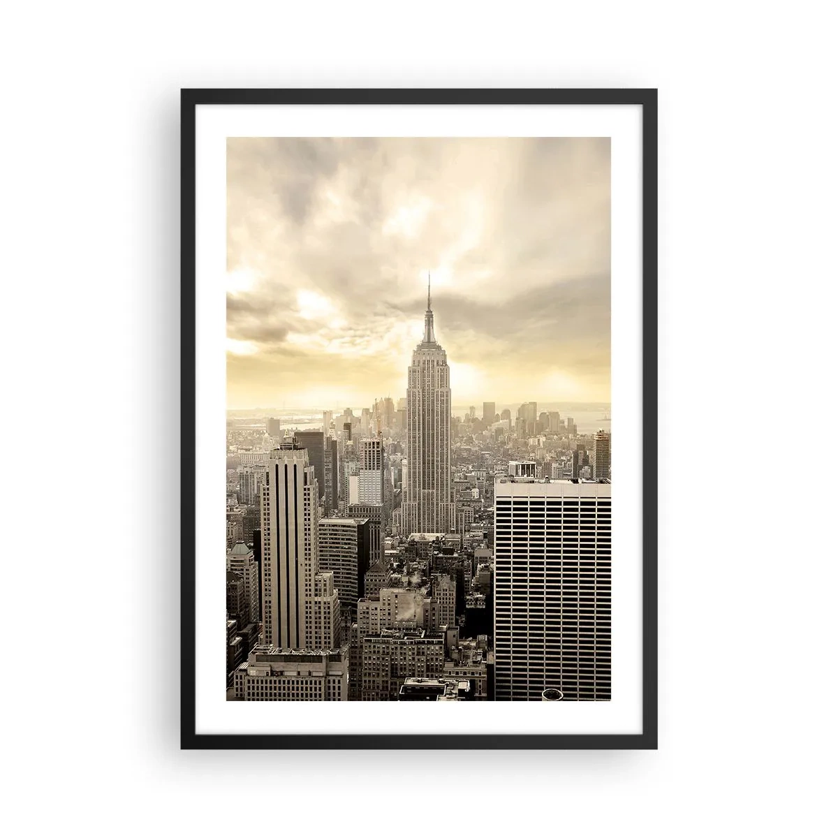 Affisch i svart ram - New York City-panorama med Empire State Building - 50x70cm - New York i grånyanser - Modern väggdekoration för vardagsrum och sovrum ARTTOR