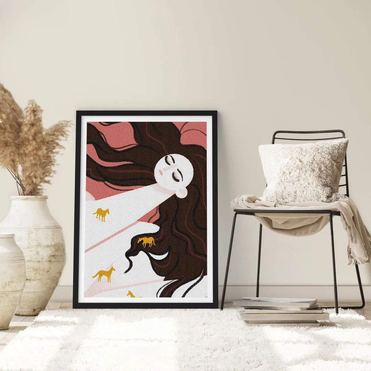 Affisch i svart ram - En drömsk kvinna med långt hår och gyllene hästar - 50x70cm - Dröm om en gyllene häst - Modern väggdekoration för vardagsrum och sovrum ARTTOR
