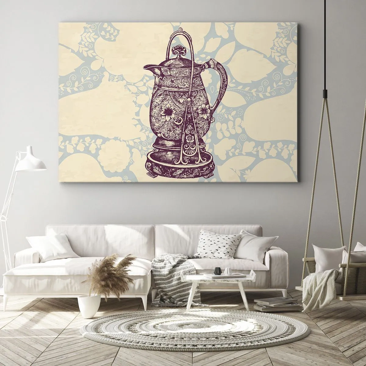 Canvastavla - Bild på duk - Stiliserad kanna med ornament på en blommig bakgrund - 70x50cm - Skönhet av det vardagliga livet - Modern väggdekoration för vardagsrum och sovrum ARTTOR
