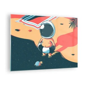 Glastavla - Bild på glas - Astronautfigur på en strand med ett kosmiskt landskap - 70x50cm - Ur ett annat perspektiv - Modern väggdekoration för vardagsrum och sovrum ARTTOR
