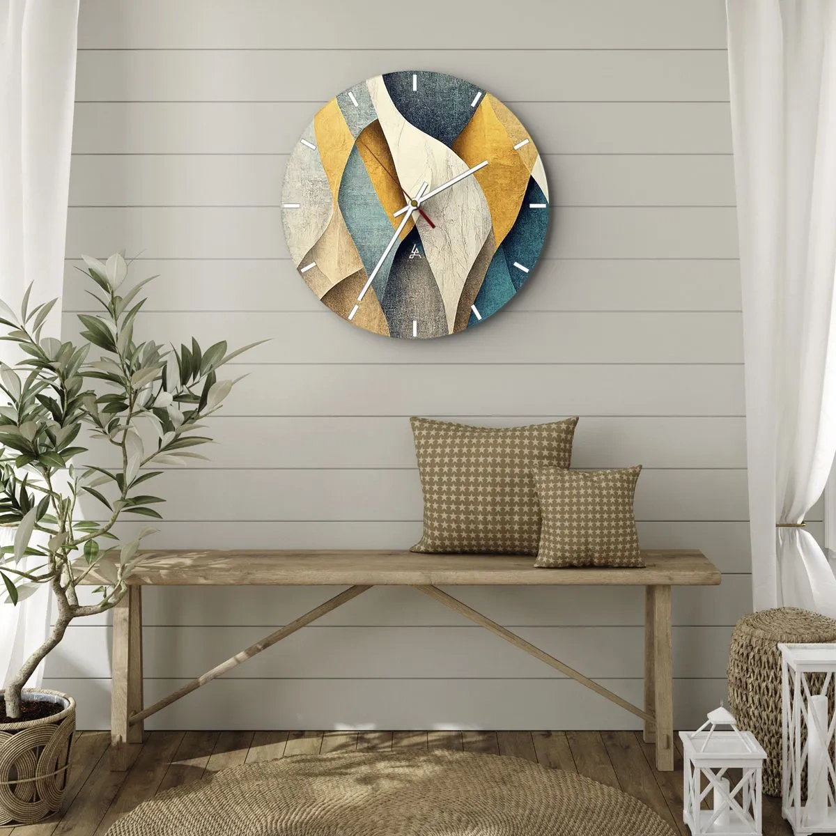 Väggklocka - Klocka på glas - Geometriska vågor i guld, marinblått, turkos och beige - 30x30cm - Rytm och vågrörelse - Modern väggdekoration för vardagsrum, kök och sovrum ARTTOR