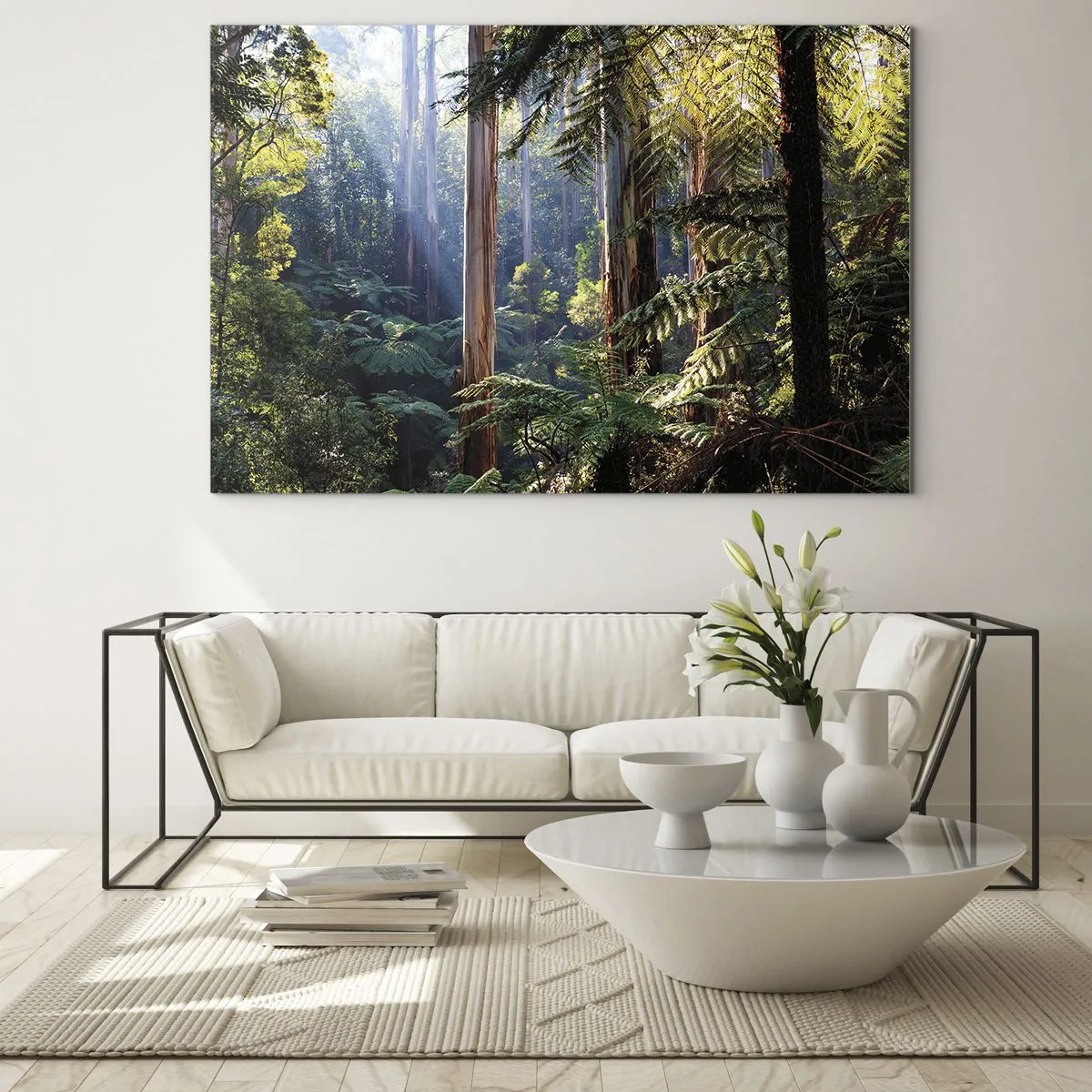 Glastavla - Bild på glas - Grön tropisk skog med solstrålar - 70x50cm - Skogens saga - Modern väggdekoration för vardagsrum och sovrum ARTTOR