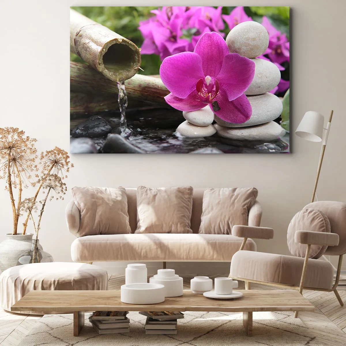 Canvastavla - Bild på duk - Lila orkidé, stenar och bambu med vatten i en avkopplande miljö - 70x50cm - Så kopplar du av - Modern väggdekoration för vardagsrum och sovrum ARTTOR