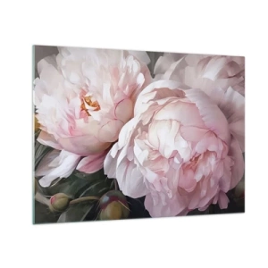 Glastavla - Bild på glas - Fina pioner i en ljusrosa nyans i närbild - 70x50cm - Fast i blomning - Modern väggdekoration för vardagsrum och sovrum ARTTOR