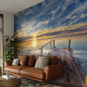 Fototapet Premium Sand - Vinden lägger sig - Landskap, Sjö, Träbro - 100x70 cm