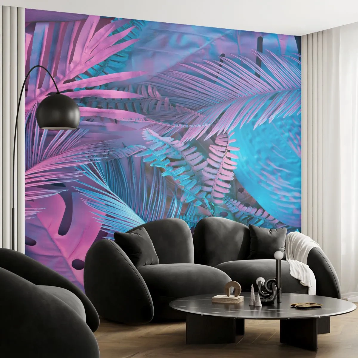 Fototapet Premium Sand - Tropiken i rosa och blått - Abstraktion, Löv, Tropisk växt - 100x70 cm