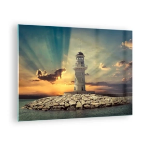 Glastavla - Bild på glas - En fyr mot bakgrund av den nedgående solen - 70x50cm - Ljus - Godhet - Skönhet - Modern väggdekoration för vardagsrum och sovrum ARTTOR