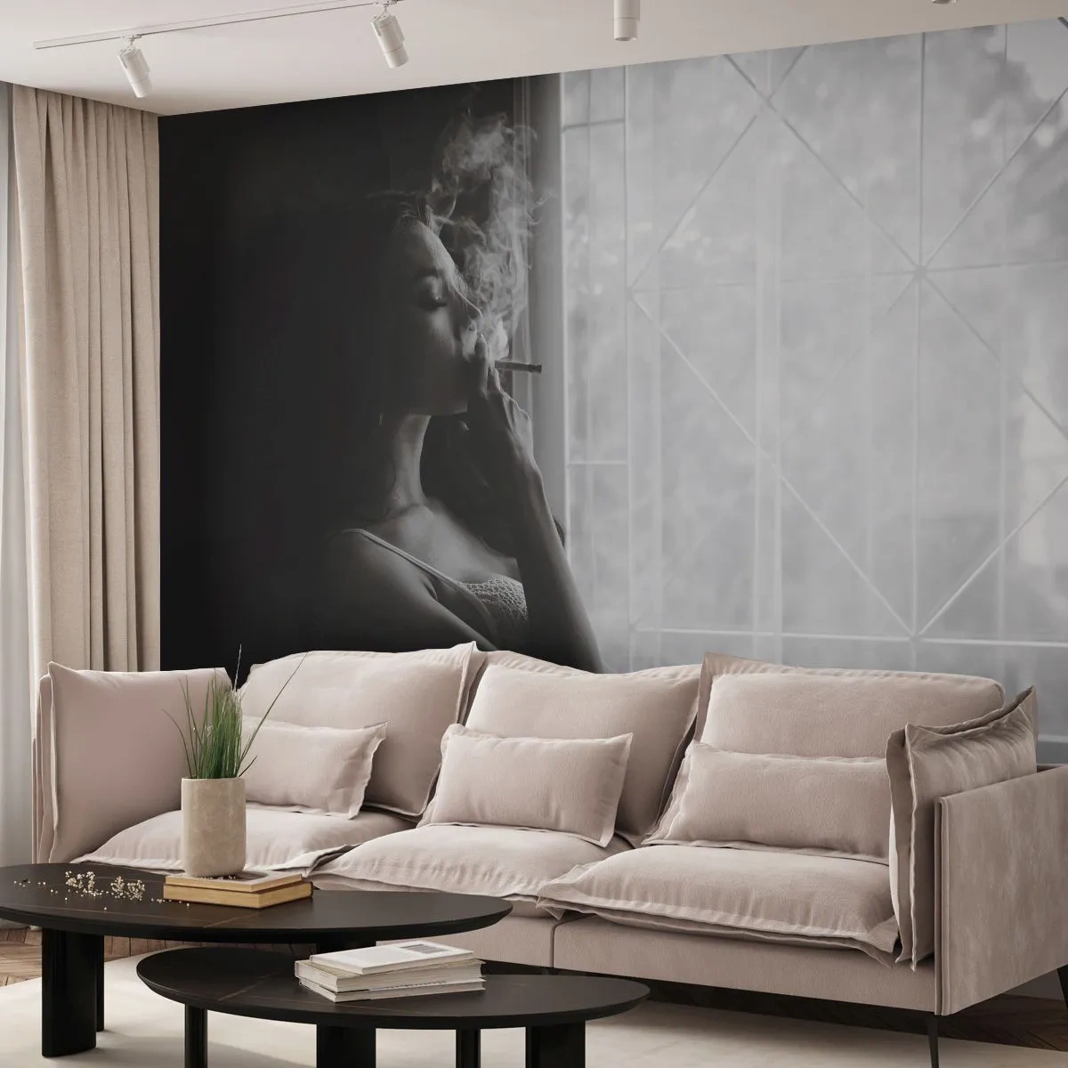 Fototapet Premium Sand - Ett sensuellt ögonblick - Kvinna, Cigarett, Sovrum - 100x70 cm