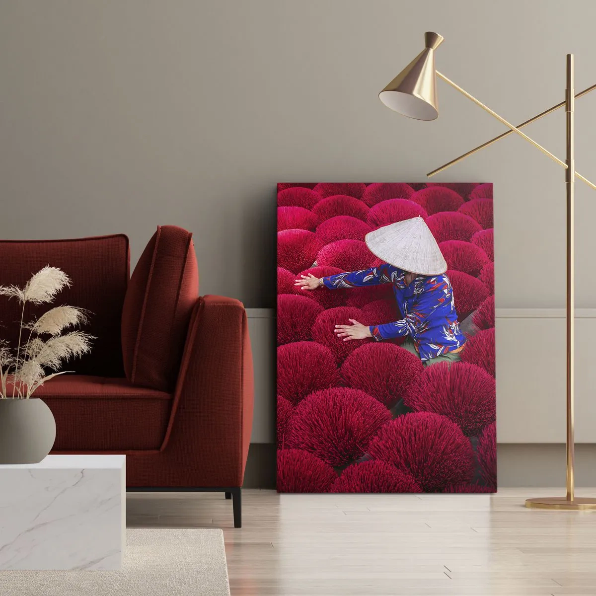 Canvastavla - Bild på duk - På ett risfält - 55x100 cm