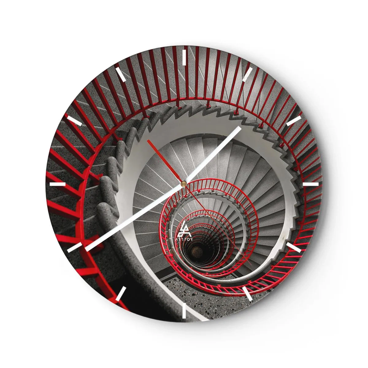 Väggklocka - Klocka på glas - Perspektiv av spiraltrappan med röda ledstänger - 30x30cm - Arkitektoniska spel - Modern väggdekoration för vardagsrum, kök och sovrum ARTTOR