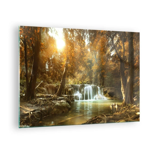 Glastavla - Bild på glas - Ett vattenfall i en park omgiven av träd i höstfärger - 70x50cm - Parkkaskad - Modern väggdekoration för vardagsrum och sovrum ARTTOR