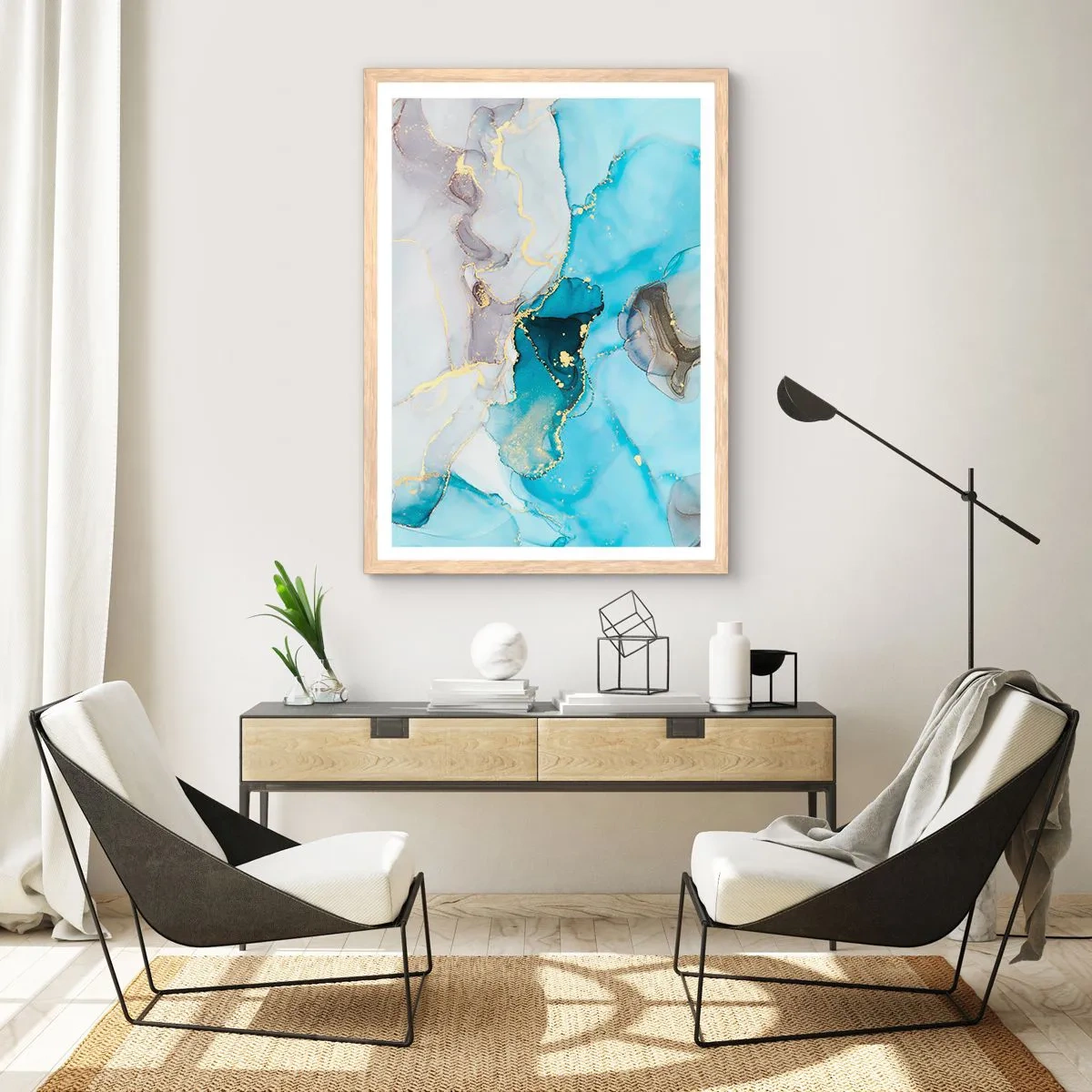 Affisch i ram av ljusek - Studie över mötet mellan grå och turkos - 40x50 cm