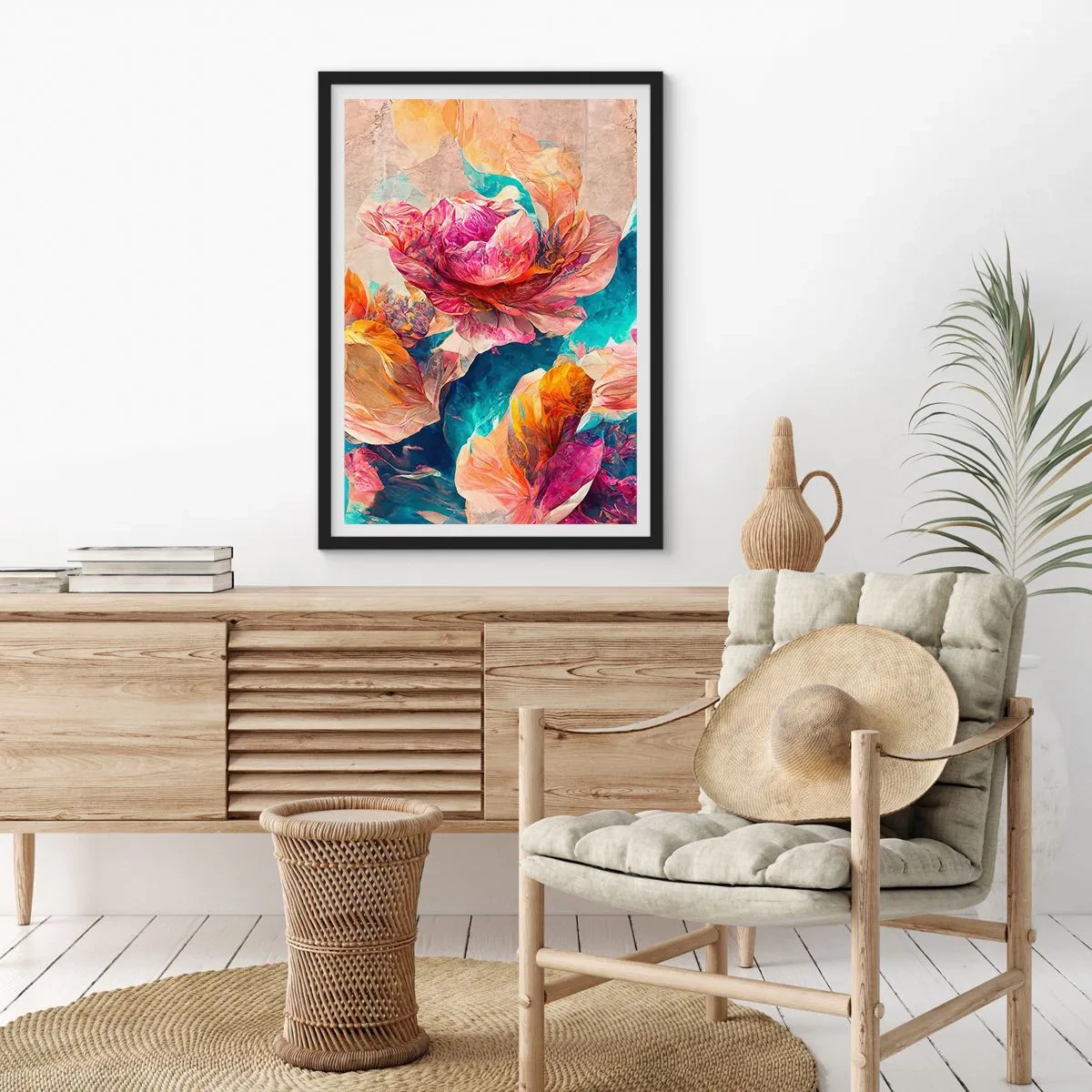 Affisch i svart ram - Abstrakta blommor i nyanser av rosa och turkos - 50x70cm - Den färgsprakande prakten hos en bukett - Modern väggdekoration för vardagsrum och sovrum ARTTOR