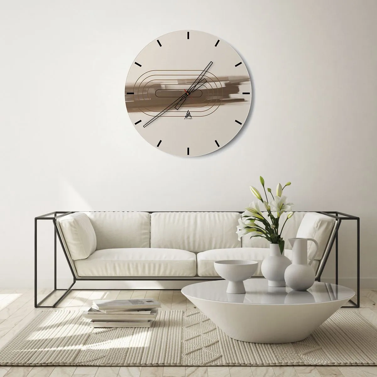 Väggklocka - Klocka på glas - Ett minimalistiskt mönster med linjer och en beige bakgrund. - 30x30cm - Grå blåst - Modern väggdekoration för vardagsrum, kök och sovrum ARTTOR