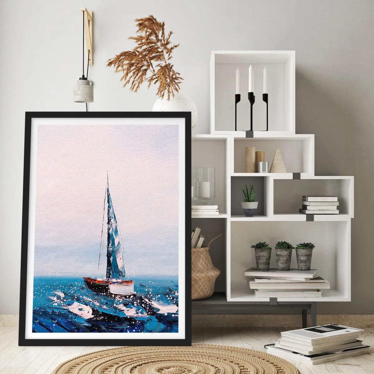 Affisch i svart ram - En segelbåt på ett stormigt hav i målerisk stil - 50x70cm - Vindens broderskap - Modern väggdekoration för vardagsrum och sovrum ARTTOR