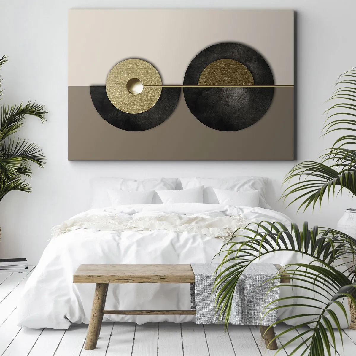 Canvastavla - Bild på duk - Abstrakta cirklar i nyanser av guld och brunt - 70x50cm - Variationer runt en cirkel - Modern väggdekoration för vardagsrum och sovrum ARTTOR