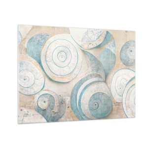 Glastavla - Bild på glas - Snäckor i en blå och beige palett på en strukturerad bakgrund - 70x50cm - Vad döljer musslan? - Modern väggdekoration för vardagsrum och sovrum ARTTOR