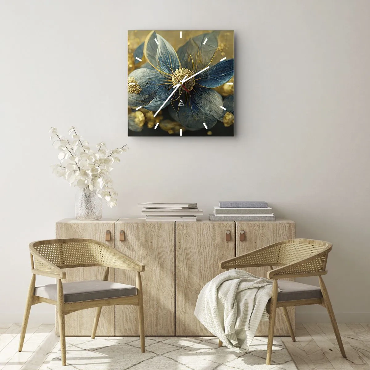 Väggklocka - Klocka på glas - Blommande av guld - 40x40 cm