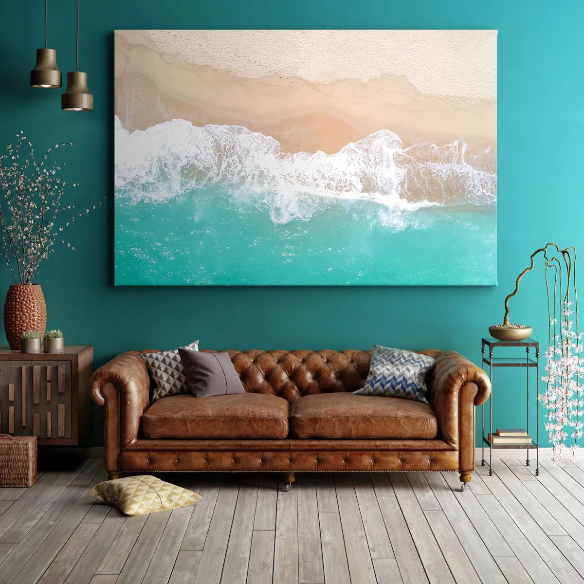 Canvastavla - Bild på duk - Fågelperspektiv på en strand med turkost vatten och mjuka vågor - 70x50cm - Smekande beröring - Modern väggdekoration för vardagsrum och sovrum ARTTOR