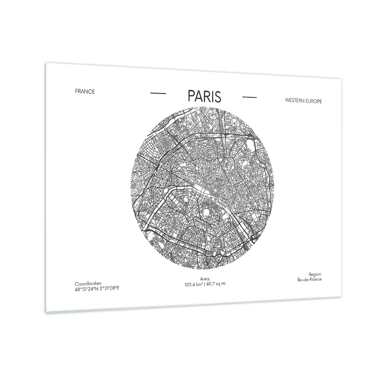 Glastavla - Bild på glas - En cirkulär karta över Paris i svartvit illustration - 70x50cm - Paris anatomi - Modern väggdekoration för vardagsrum och sovrum ARTTOR