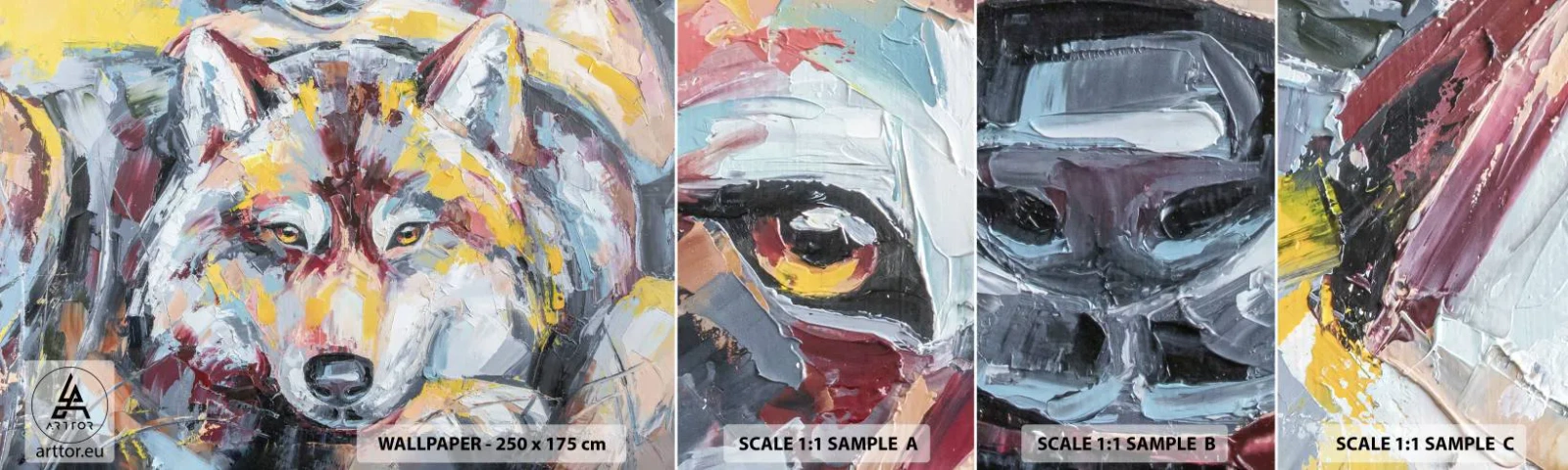 Provbit av självhäftande fototapet Deluxe Sticker - Lugnt bland de närmsta - Abstraktion, Varg, Målning - 100x30 cm