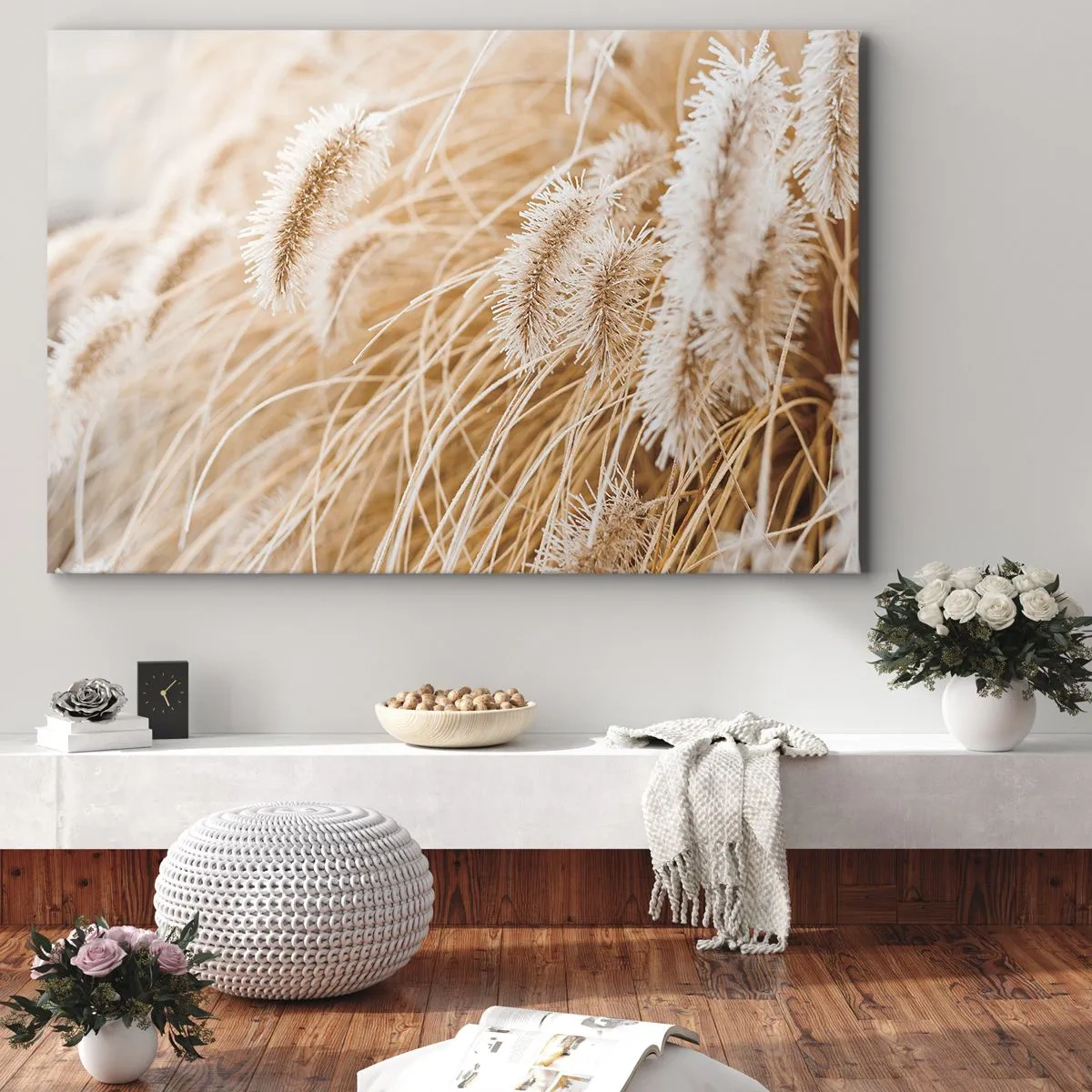 Canvastavla - Bild på duk - Närbild av gyllene, fina gräs i solljuset - 70x50cm - Gyllene gräsrassel - Modern väggdekoration för vardagsrum och sovrum ARTTOR