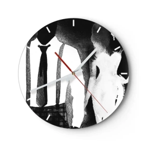 Väggklocka - Klocka på glas - Silhuetter av en kvinna och en man i en svartvit noir-atmosfär - 30x30cm - Noir stämning - Modern väggdekoration för vardagsrum, kök och sovrum ARTTOR