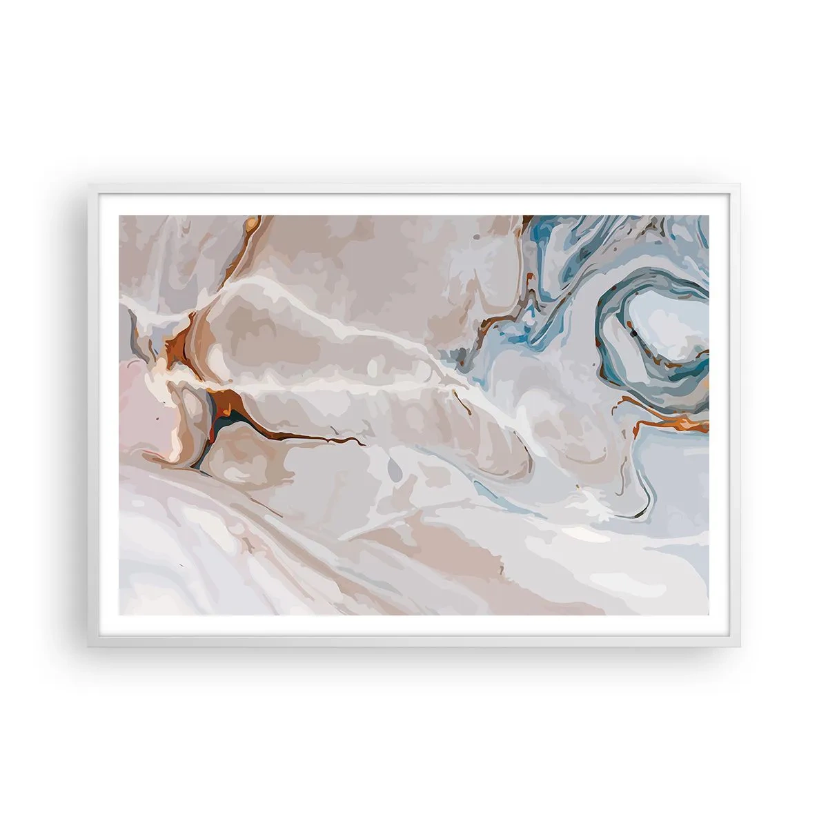 Affisch i vit ram - Blåa meanderlopp under vithet - 100x70 cm