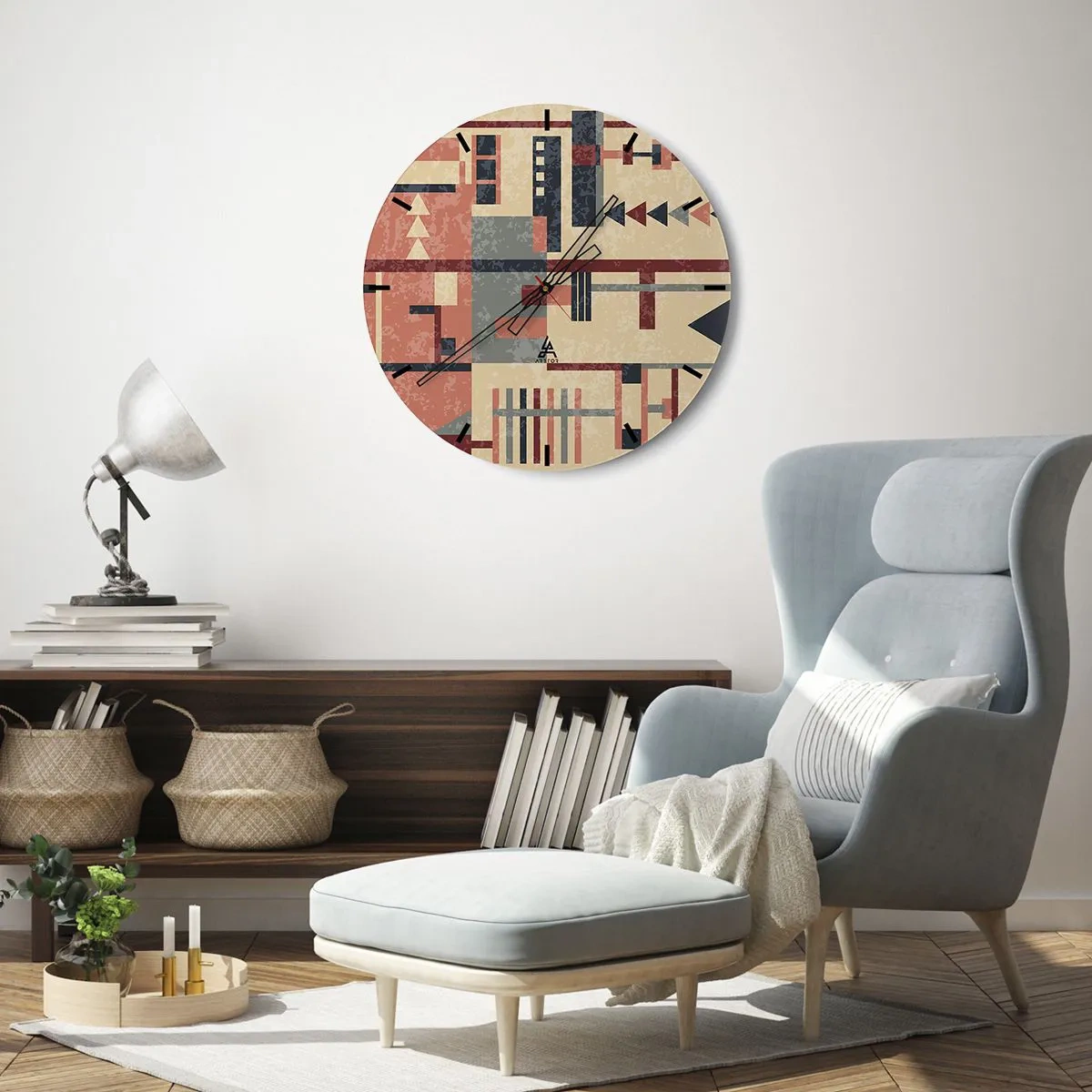 Väggklocka - Klocka på glas - Abstrakt geometriskt mönster i nyanser av beige, rött och grått - 30x30cm - Kombination av vertikala och horisontella element - Modern väggdekoration för vardagsrum, kök och sovrum ARTTOR