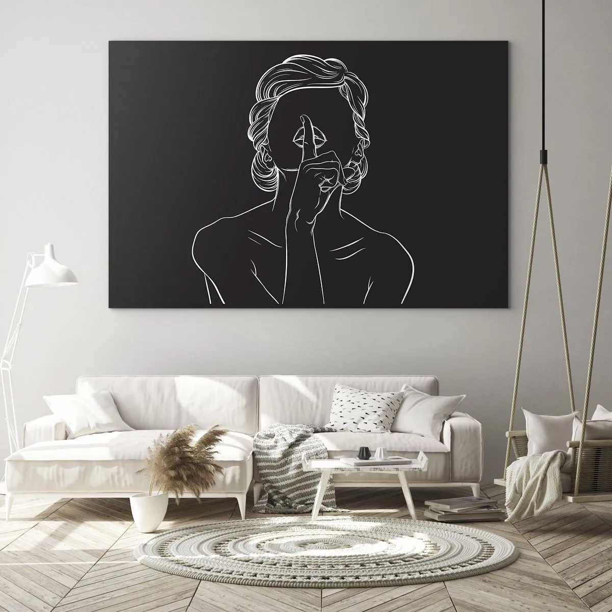 Glastavla - Bild på glas - En minimalistisk silhuett av en kvinna som gör en tystnadsgest. - 70x50cm - Skönhet blommar i tystnad - Modern väggdekoration för vardagsrum och sovrum ARTTOR