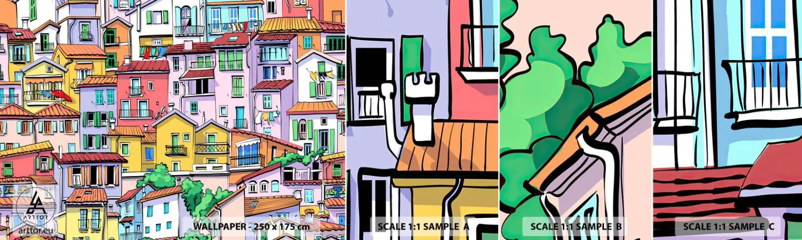 Provbit av självhäftande fototapet Deluxe Sticker - Gladlynt stad - Stad, Hyreshus, Hus - 100x30 cm