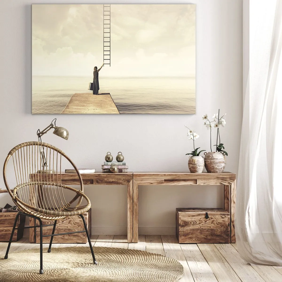 Canvastavla - Bild på duk - En kvinna som står på en pir med en stege som leder upp till himlen - 70x50cm - Magisk resa - Modern väggdekoration för vardagsrum och sovrum ARTTOR