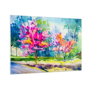 Glastavla - Bild på glas - Regnbågsträdgård i vårskenet - 100x70 cm
