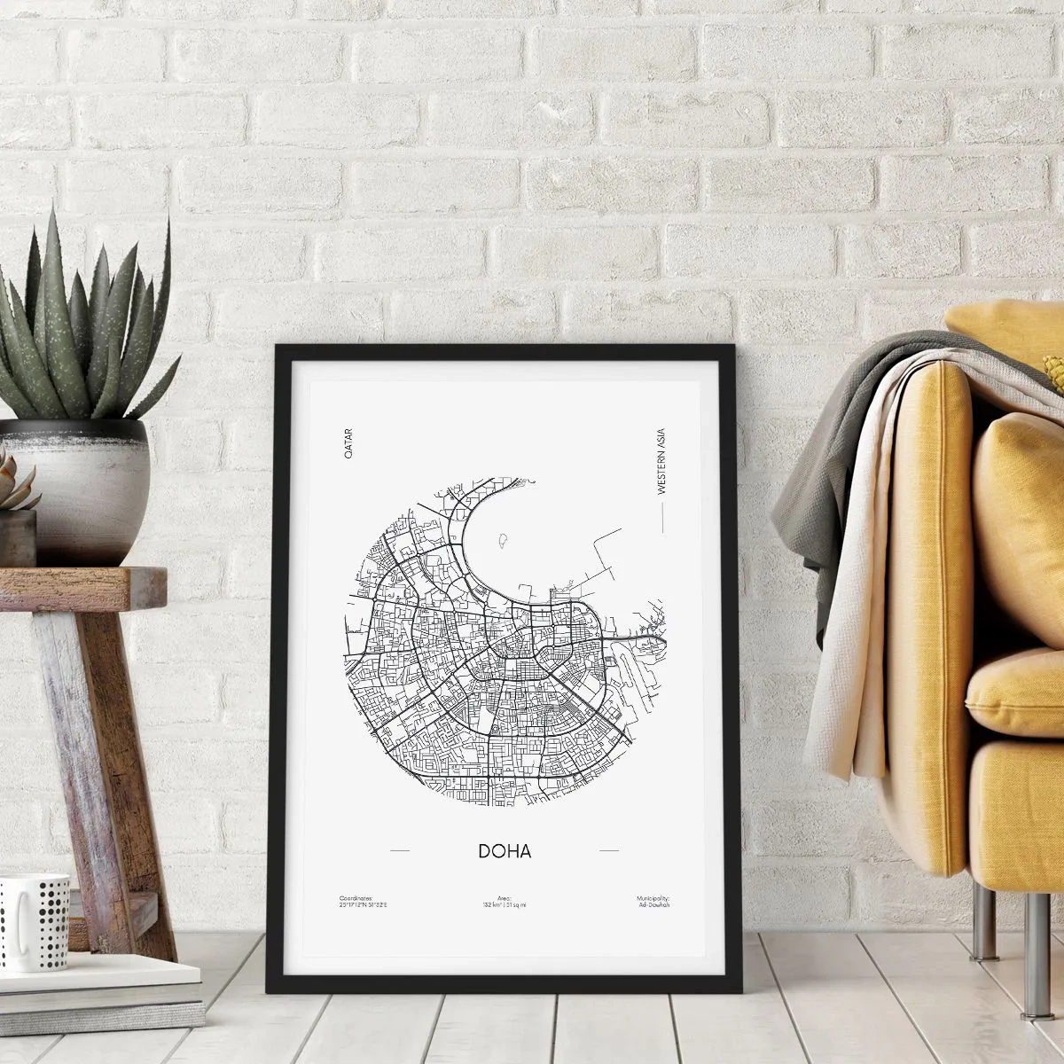 Affisch i svart ram - En minimalistisk svartvit karta över Doha - 50x70cm - Dohas anatomi - Modern väggdekoration för vardagsrum och sovrum ARTTOR