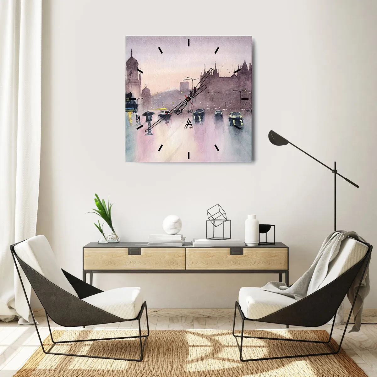 Väggklocka - Klocka på glas - I regnig dimma - 40x40 cm