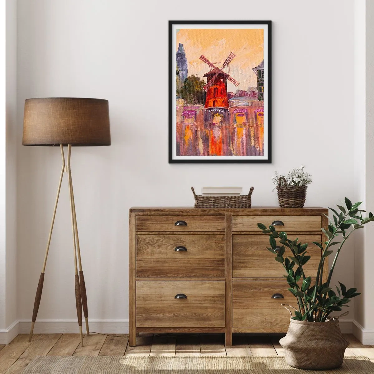 Affisch i svart ram - En målerisk tolkning av den berömda väderkvarnen mot stadens bakgrund - 50x70cm - Ikoner av Paris – Moulin Rouge - Modern väggdekoration för vardagsrum och sovrum ARTTOR