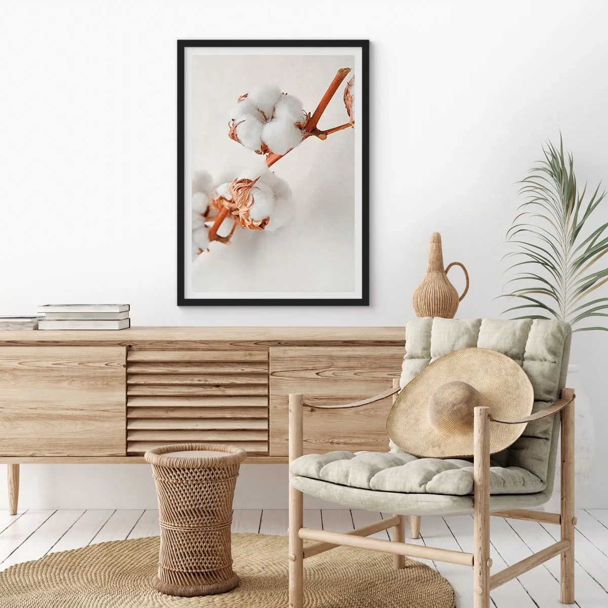 Affisch i svart ram - Fina bomullskvistar på en ljus bakgrund - 50x70cm - Krama om - Modern väggdekoration för vardagsrum och sovrum ARTTOR