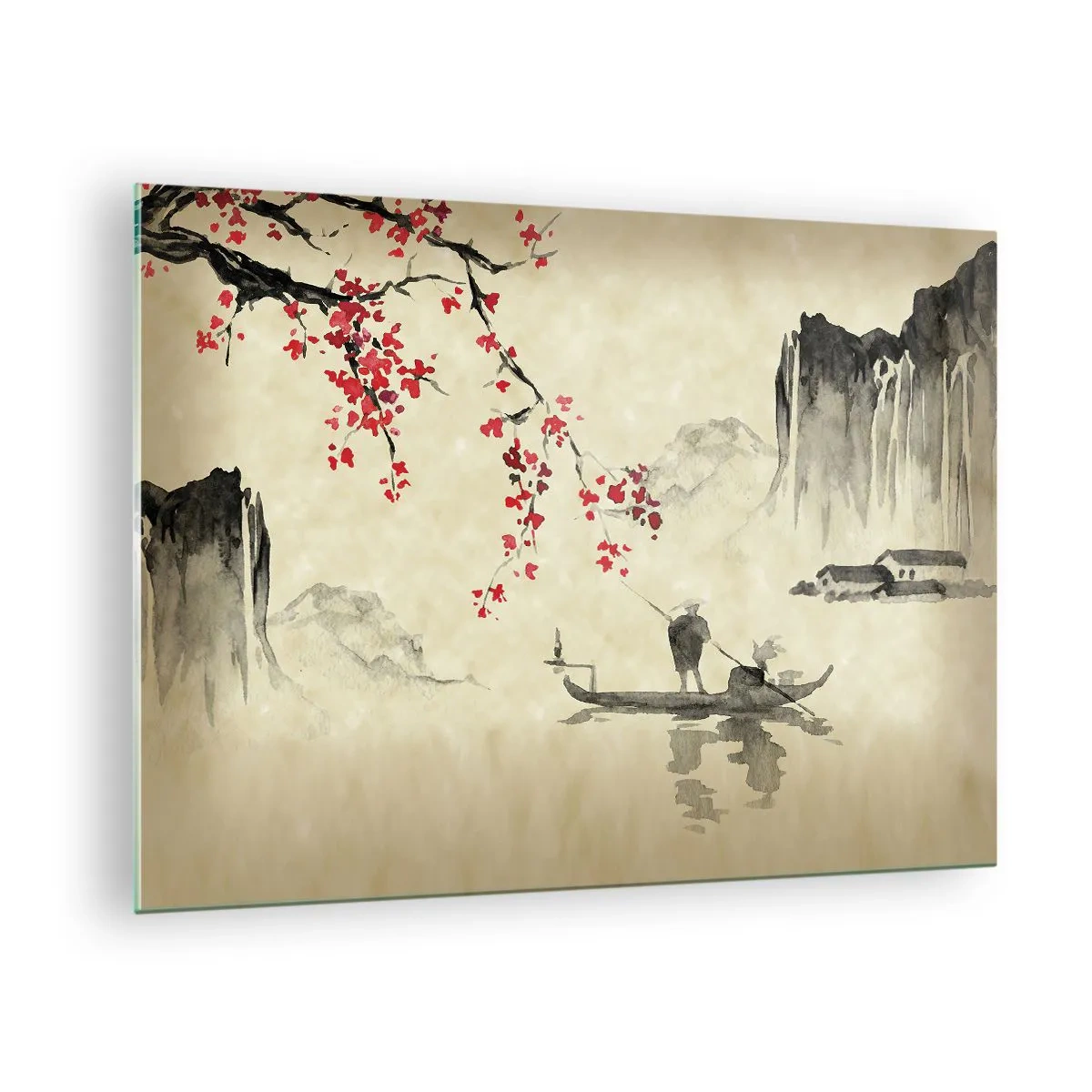 Glastavla - Bild på glas - Orientalisk fiskeplats med körsbärsblomsgren och berg - 70x50cm - I det blommande körsbärslandet - Modern väggdekoration för vardagsrum och sovrum ARTTOR