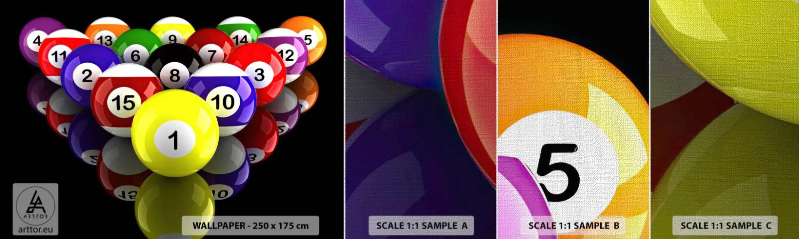Provbit av fototapet Premium Canvas - Olika spelfärger - Sport, Biljard, Biljardbollar - 100x30 cm