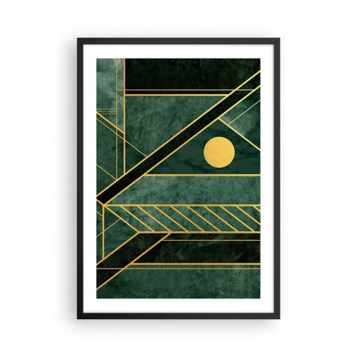 Affisch i svart ram - Geometrisk abstraktion i grönt med gulddetaljer - 50x70cm - Dynamik av guld och azurblå - Modern väggdekoration för vardagsrum och sovrum ARTTOR
