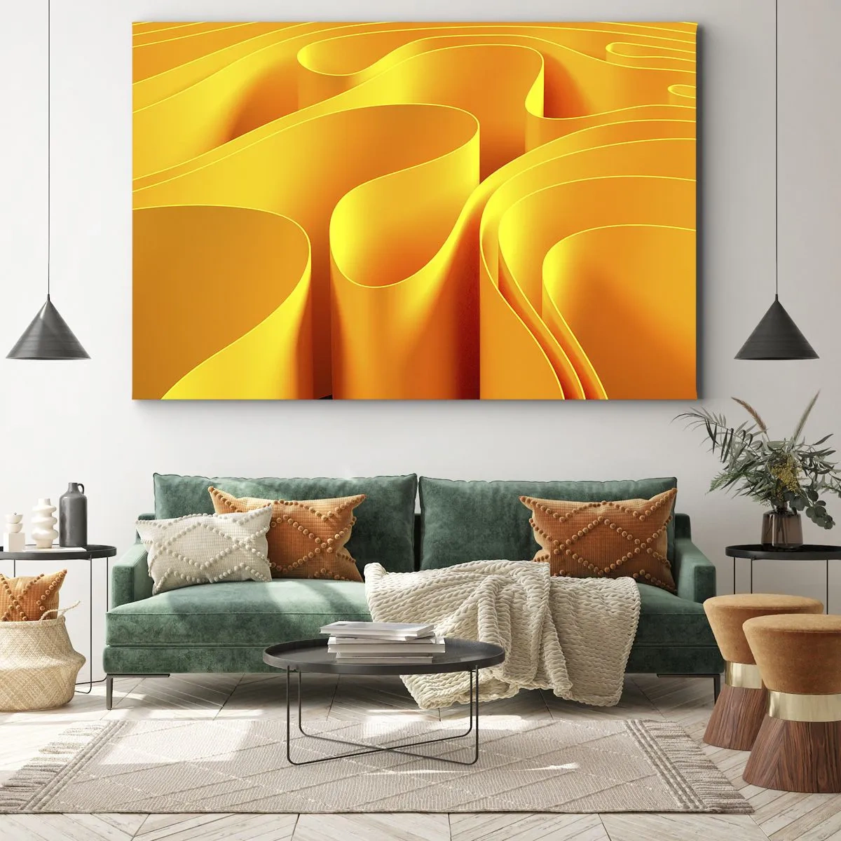 Canvastavla - Bild på duk - Gula abstrakta vågor som liknar solstrålar - 70x50cm - Som solens vågor - Modern väggdekoration för vardagsrum och sovrum ARTTOR