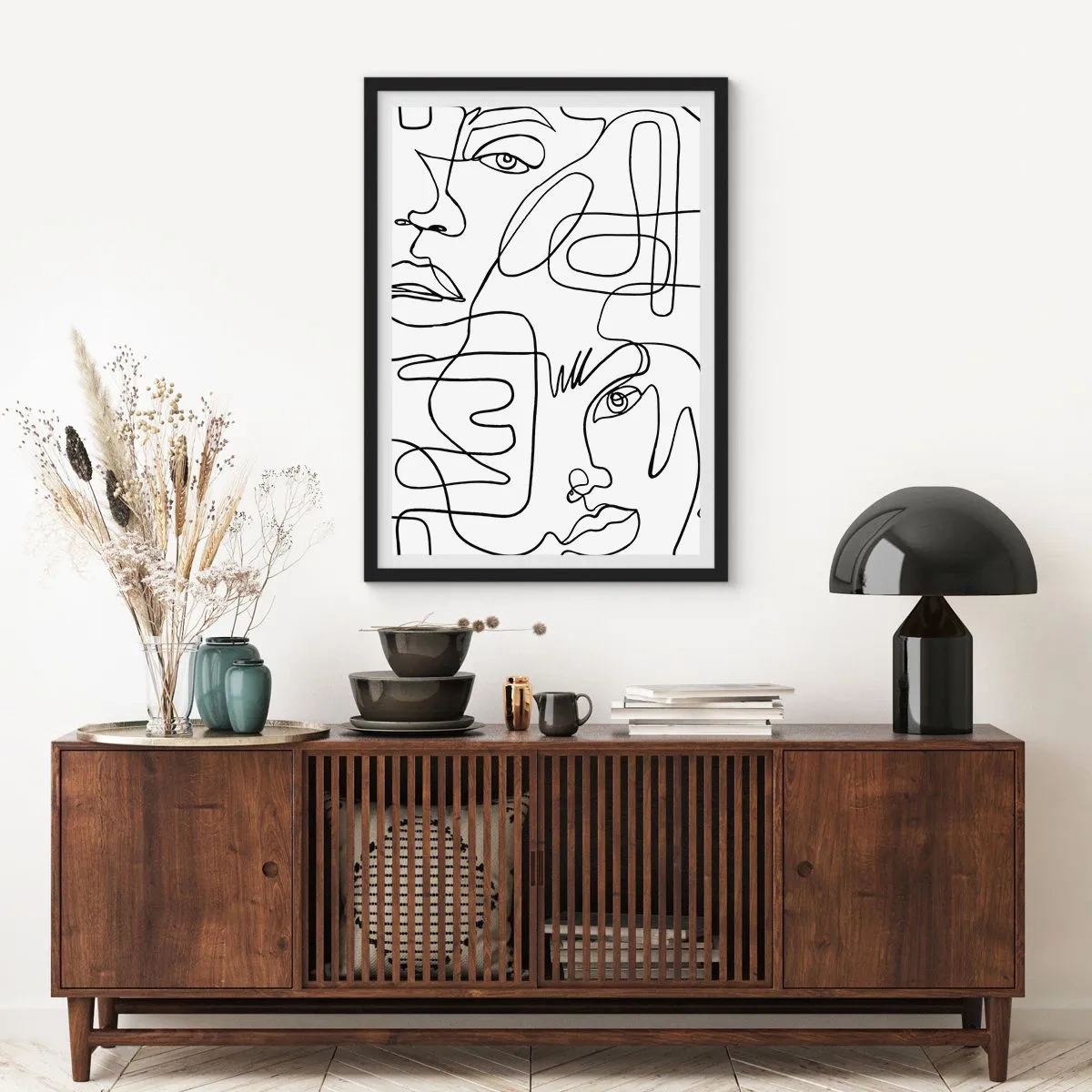 Affisch i svart ram - Abstrakta ansikten ritade med en linje - 50x70cm - I trassliga känslor - Modern väggdekoration för vardagsrum och sovrum ARTTOR