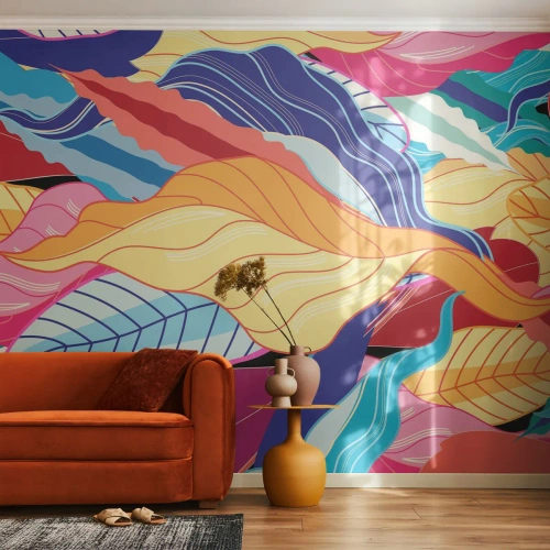 Fototapet Standard Eco - Färgglad lövgrafik i abstrakt stil - 100x70cm - Färgglad röra - Modern väggdekoration för vardagsrum och sovrum ARTTOR