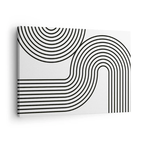 Canvastavla - Bild på duk - En abstrakt målning med svarta linjer som skapar geometriska mönster mot en vit bakgrund. - 70x50cm - På en kurva - Modern väggdekoration för vardagsrum och sovrum ARTTOR